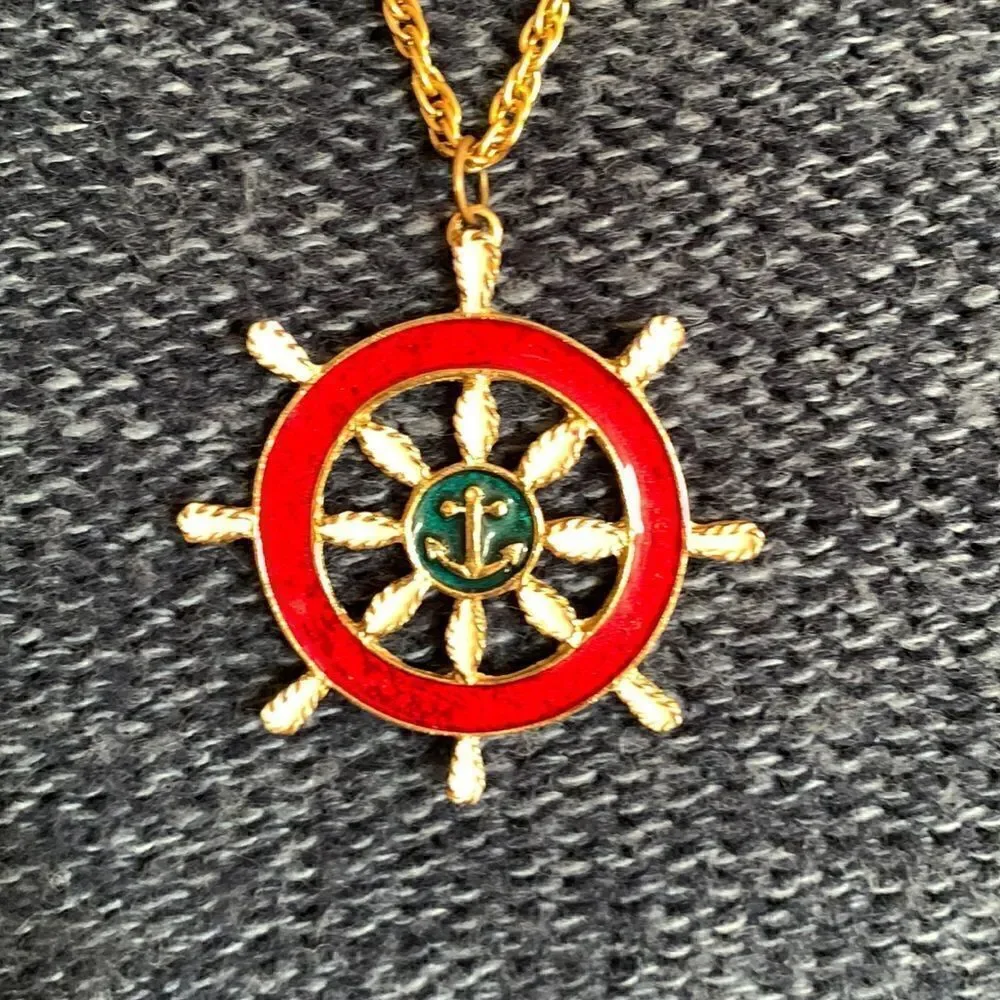Vintage Chunky Gold Compas White Blue Nautical Costal Necklace‎ USA patriotic